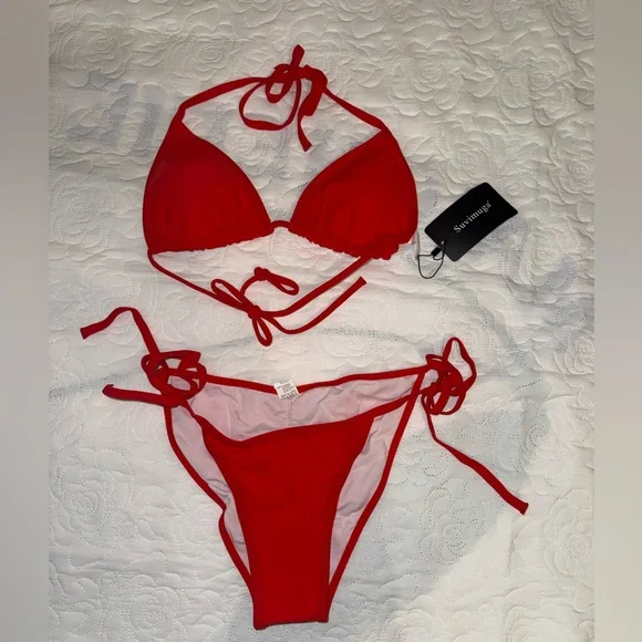 Suvimuga - Red Triangle Tie Bikini Top & Tie-Side Bottoms - Size Small - Picture 2 of 7